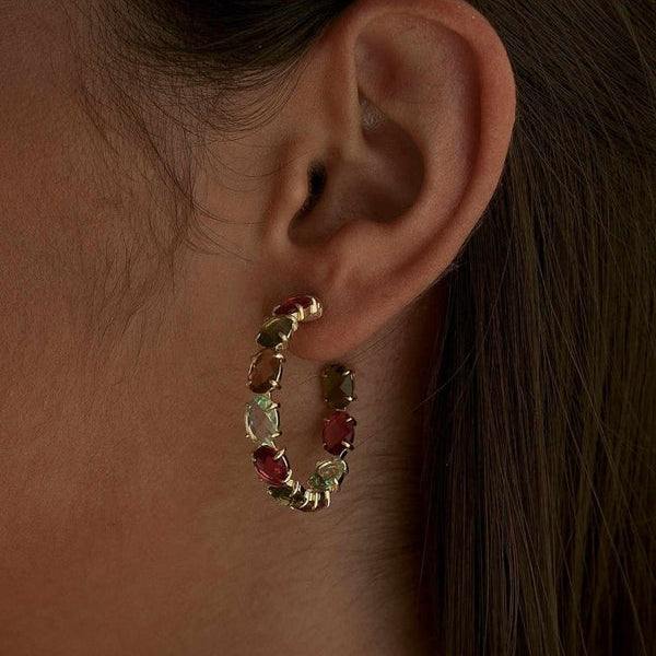 Hoop Earrings with Silver Stones with Gold Plated Adamantine Quartz