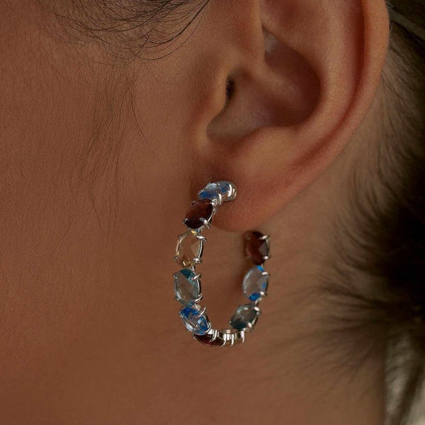 Hoop Earrings with Silver Stones Adamantine Quartz in Blue Tones