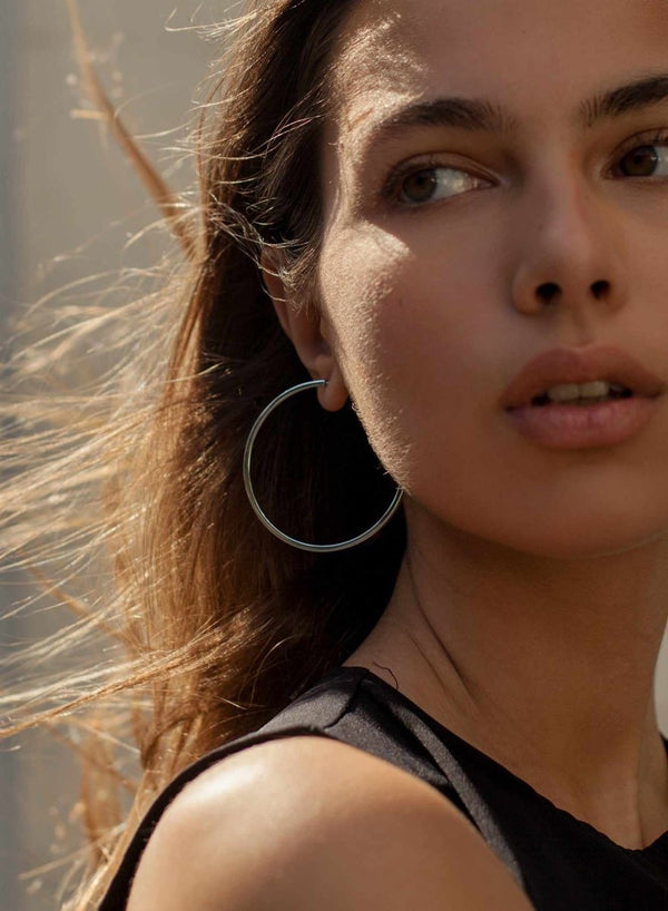 Large hoop earrings square design and smooth silver 55 mm