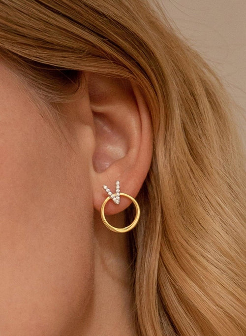 Two-tone circular design earrings with zircons