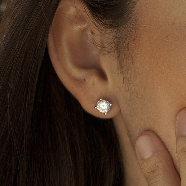 Silver Button Earrings with Staple Design and 8 mm Zirconia