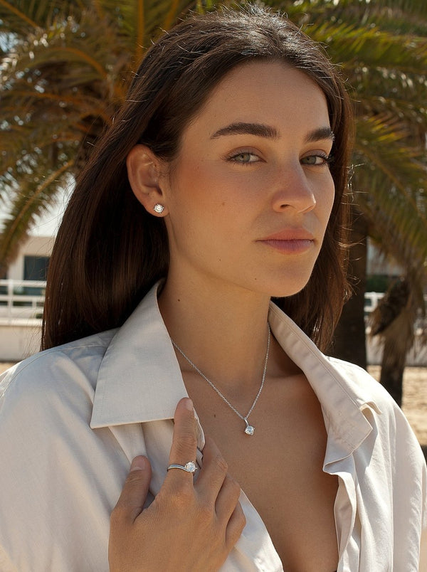 Silver Button Earrings with Staple Design and 8 mm Zirconia