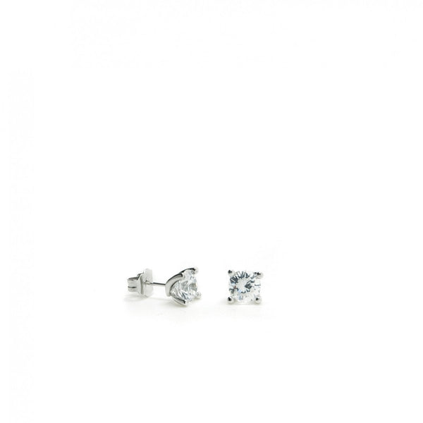 Silver Button Earrings with Staple Design and 8 mm Zirconia