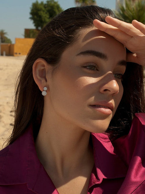 Silver Earrings with Double Diamond and Zirconia