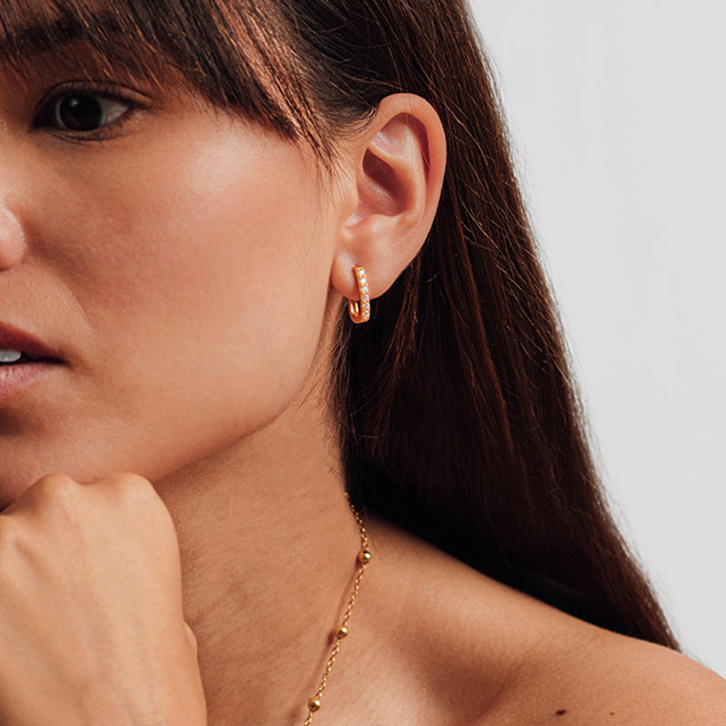 Thick Rectangular Hoop Earrings with Gold Cubic Zirconia