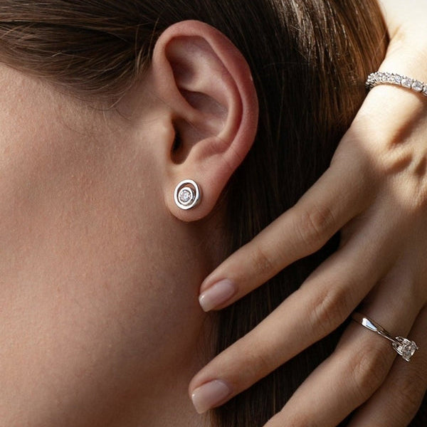 Small Bridal Earrings Double Circle Design with 9 mm Zirconia