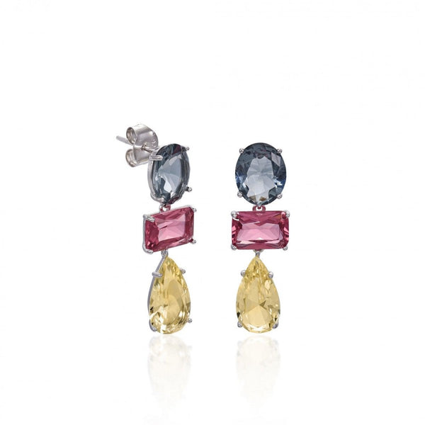 Colored stone earrings in round, emerald, and pear cut