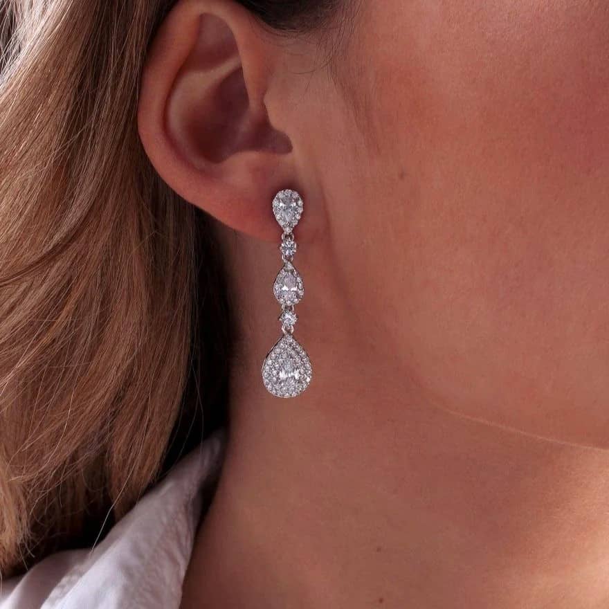 Long Silver Bridal Earrings with Various Sizes  