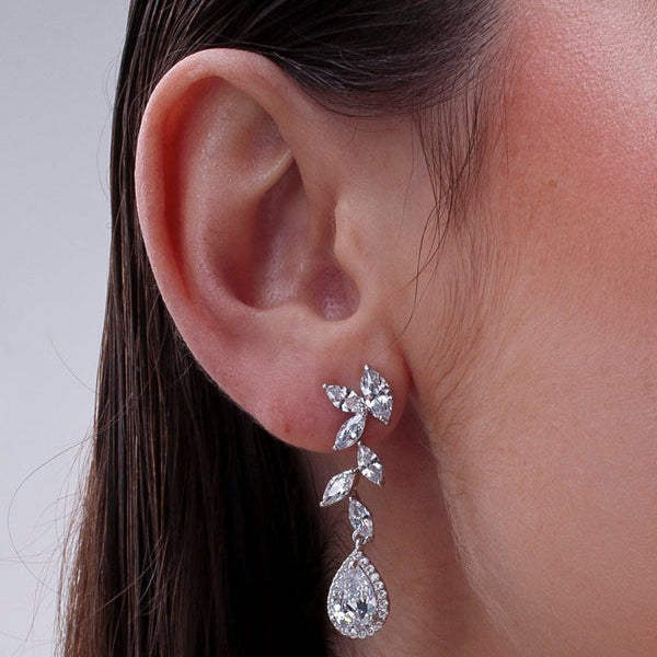 Long Bridal Earrings Silver Linear Design