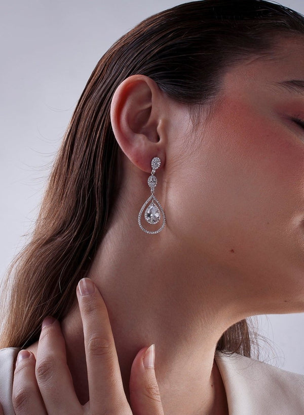 Pendientes largos plata brillantes novia de tres piezas