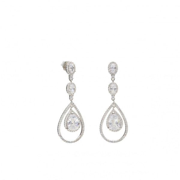 Long shiny silver earrings bride three-piece