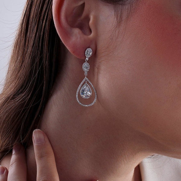 Long shiny silver earrings bride three-piece