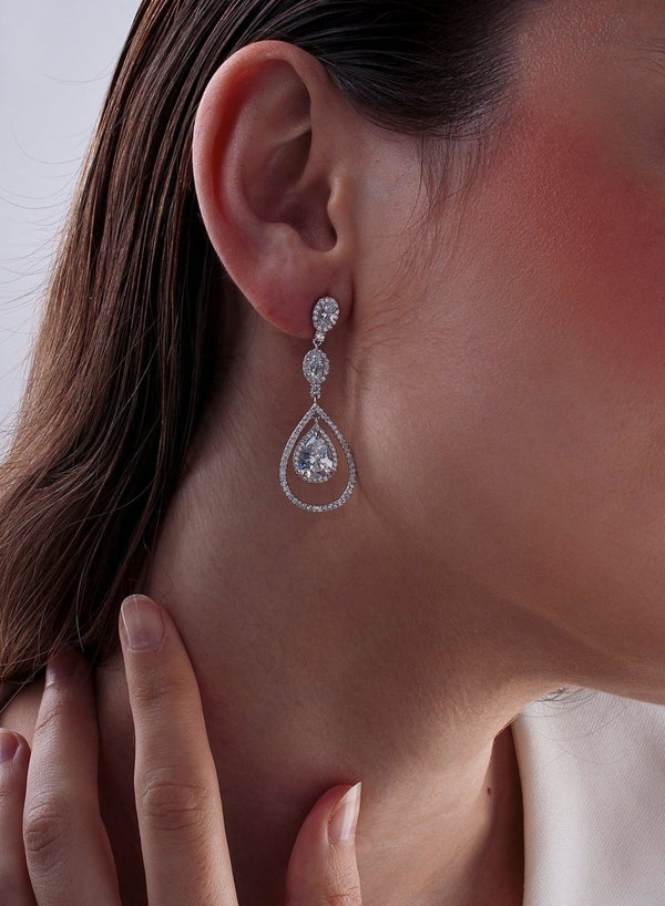Long shiny silver earrings bride three-piece