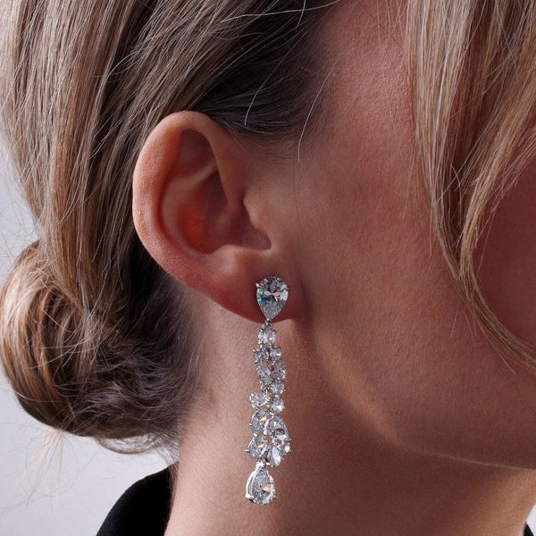 Elegant Long Sparkling Silver Bridal Cascading Earrings