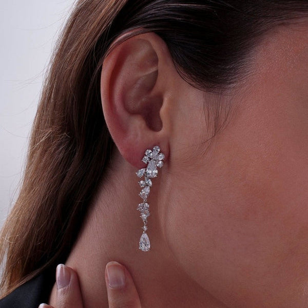 Long Silver Bridal Earrings with Sparkling Mobiles and Cascade