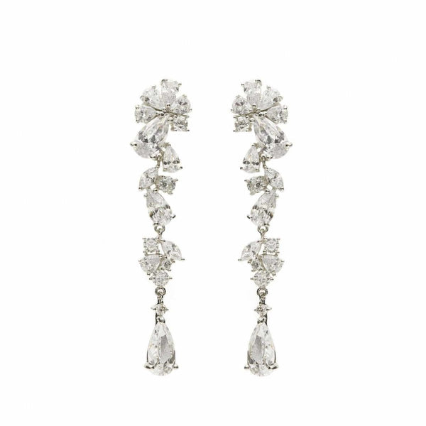 Long Silver Bridal Earrings with Sparkling Mobiles and Cascade