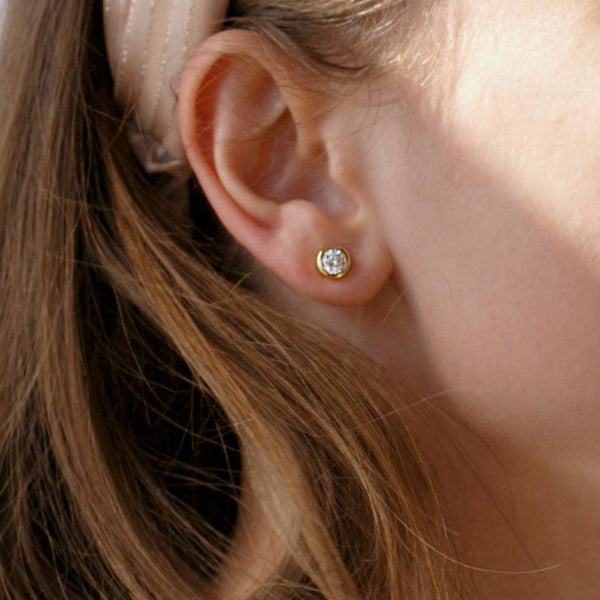 Small Silver Earrings Basic Circular Design with Gold Plated Zirconia 5 mm