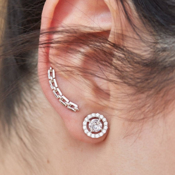Small Silver Earrings with Shiny Circular Motif and Zirconia 9.5 mm