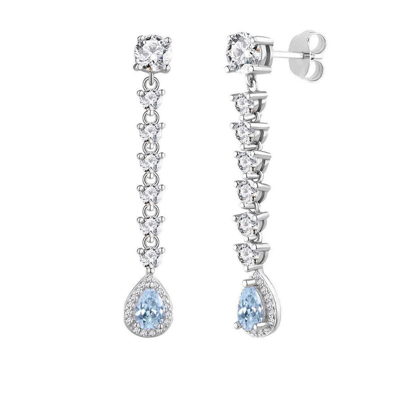 Pendientes Largos Novia Plata Elegantes y Lineales Aguamarina