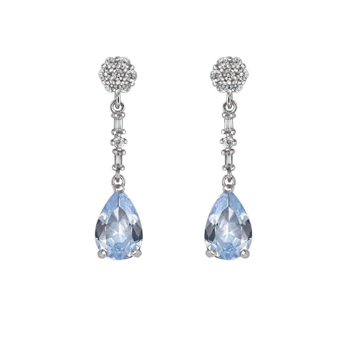 Short Bridal Earrings Aquamarine Zirconia Rosette Drop