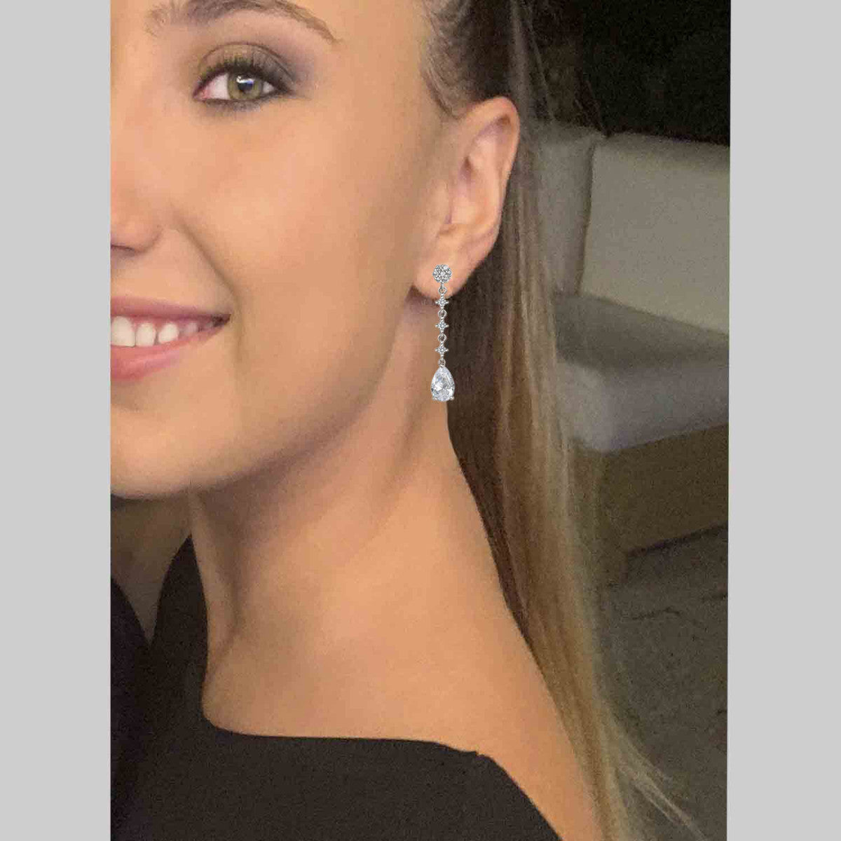 Long Bridal Earrings Zirconia Drop Rosette