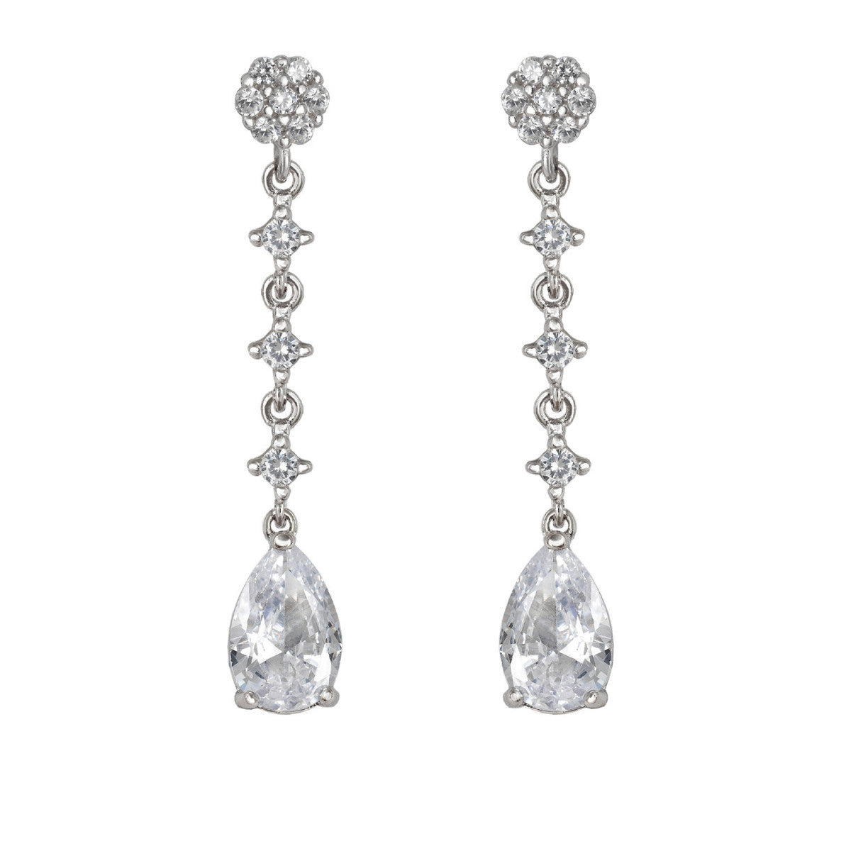 Long Bridal Earrings Zirconia Drop Rosette