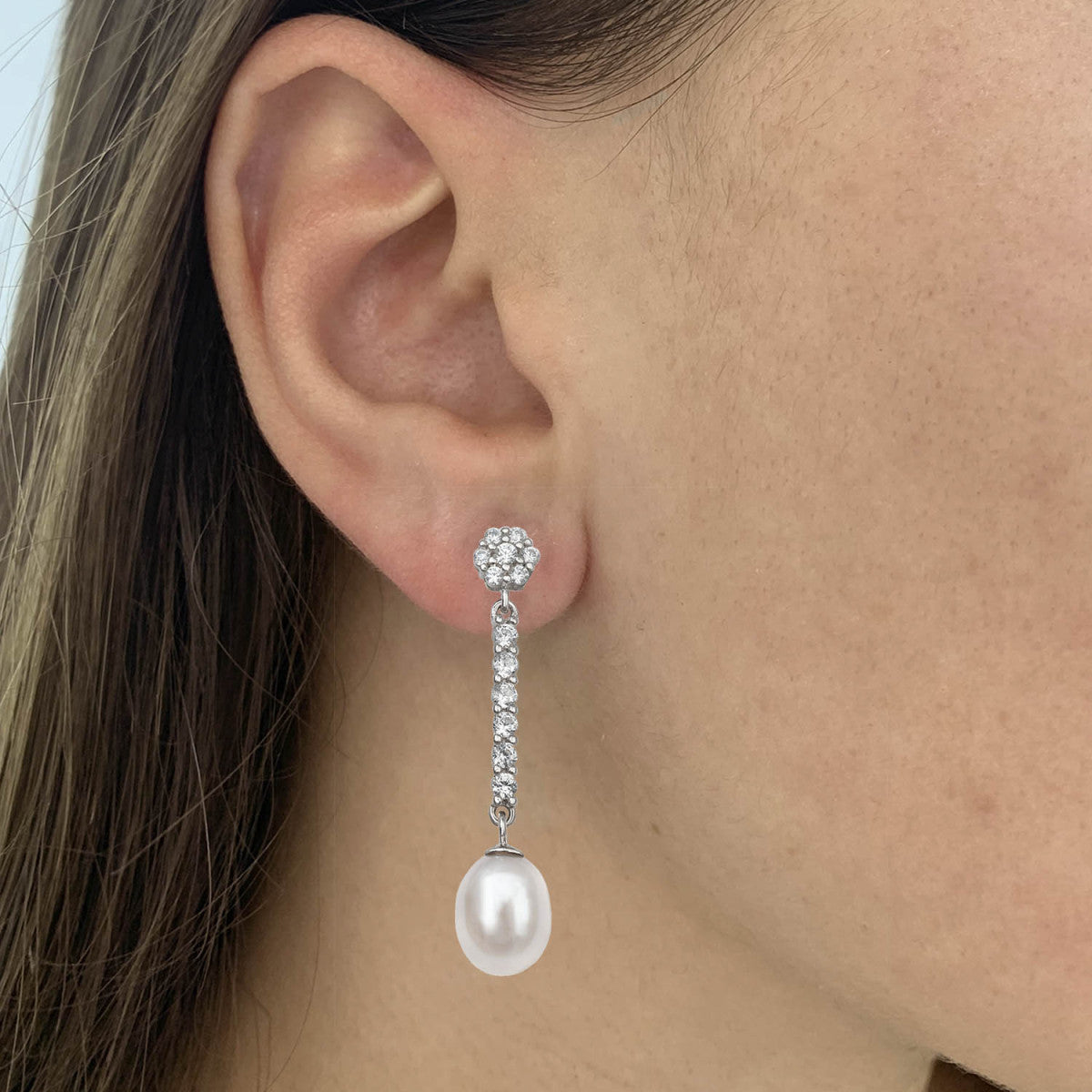 Bridal Earrings Pavé Bar Zirconia Pearl Rosette