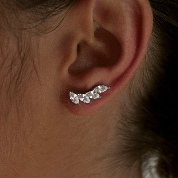Silver climber earrings with four zirconia in diamond design