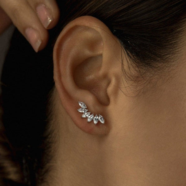 Silver climber earrings with six marquise-cut cubic zirconias, oval model