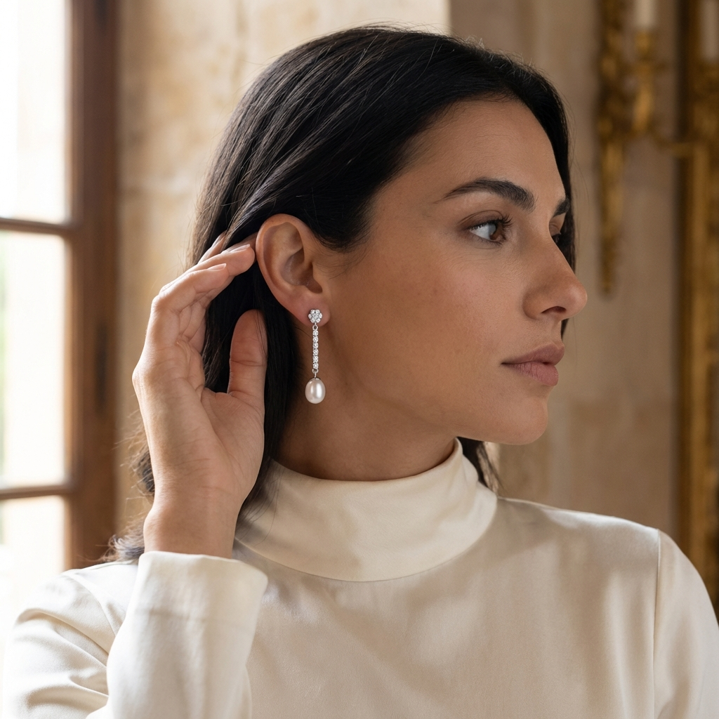 Brautohrringe Stab Pavé Zirkon Perle Rosette