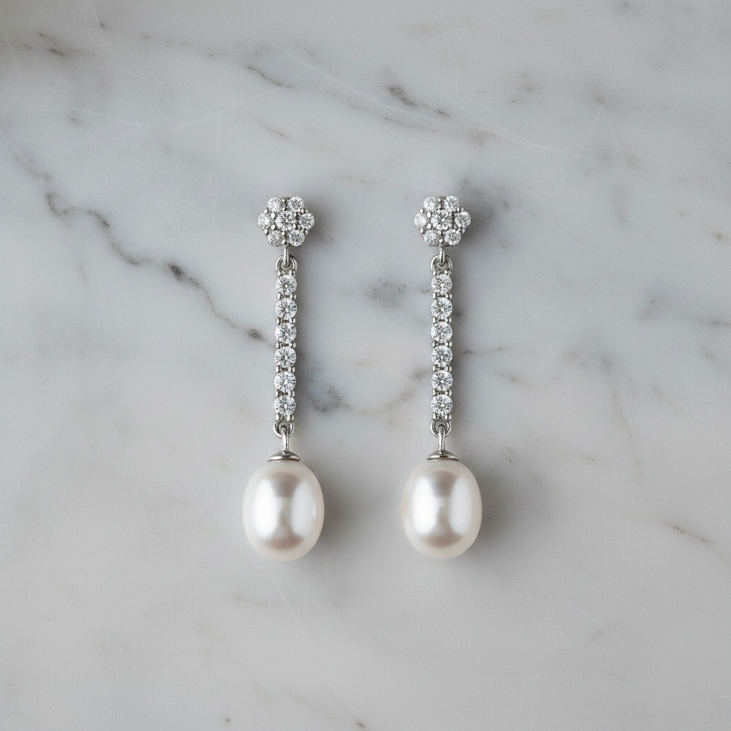 Brautohrringe Stab Pavé Zirkon Perle Rosette