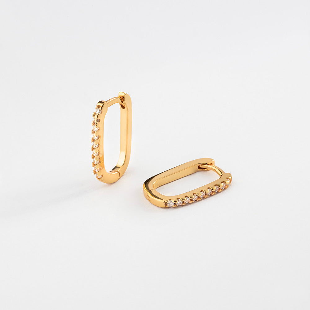 Rectangular Hoop Earrings with Cubic Zirconia Gold