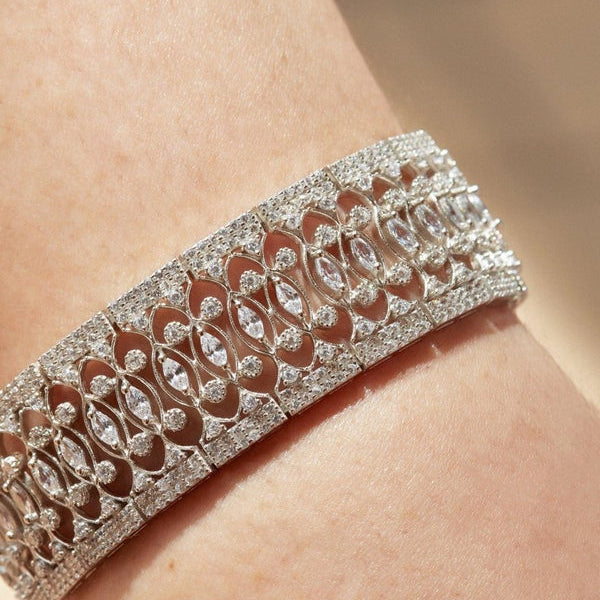 Thick Silver Rivière Bracelet with Multiple White Adamantine Quartz Rails and Zirconia Detail on the Sides