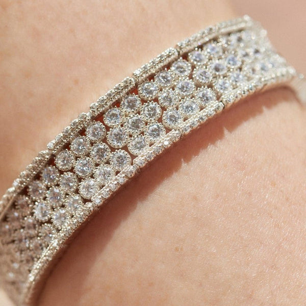 Silver Rivière Bracelet with Multiple Round White Adamantine Quartz Rails and Zirconia Detail on the Sides