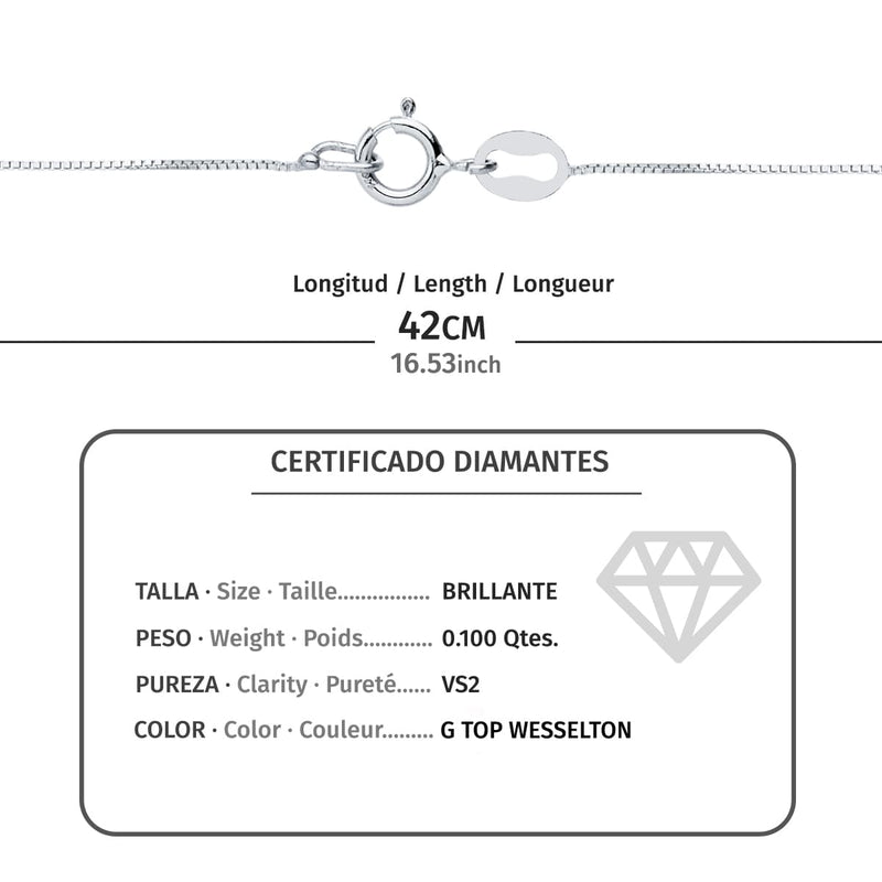 18K Gargantilla Oro Blanco Chaton Diamante 0.100 Qts. G-Vs2. Cadena 42 cm