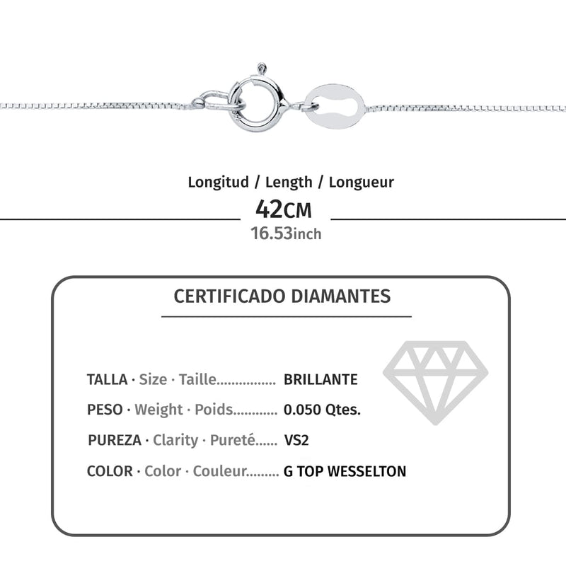 18K Gargantilla Oro Blanco Rombo Diamante 0.050 Qts. G-Vs2. Cadena 42 cm