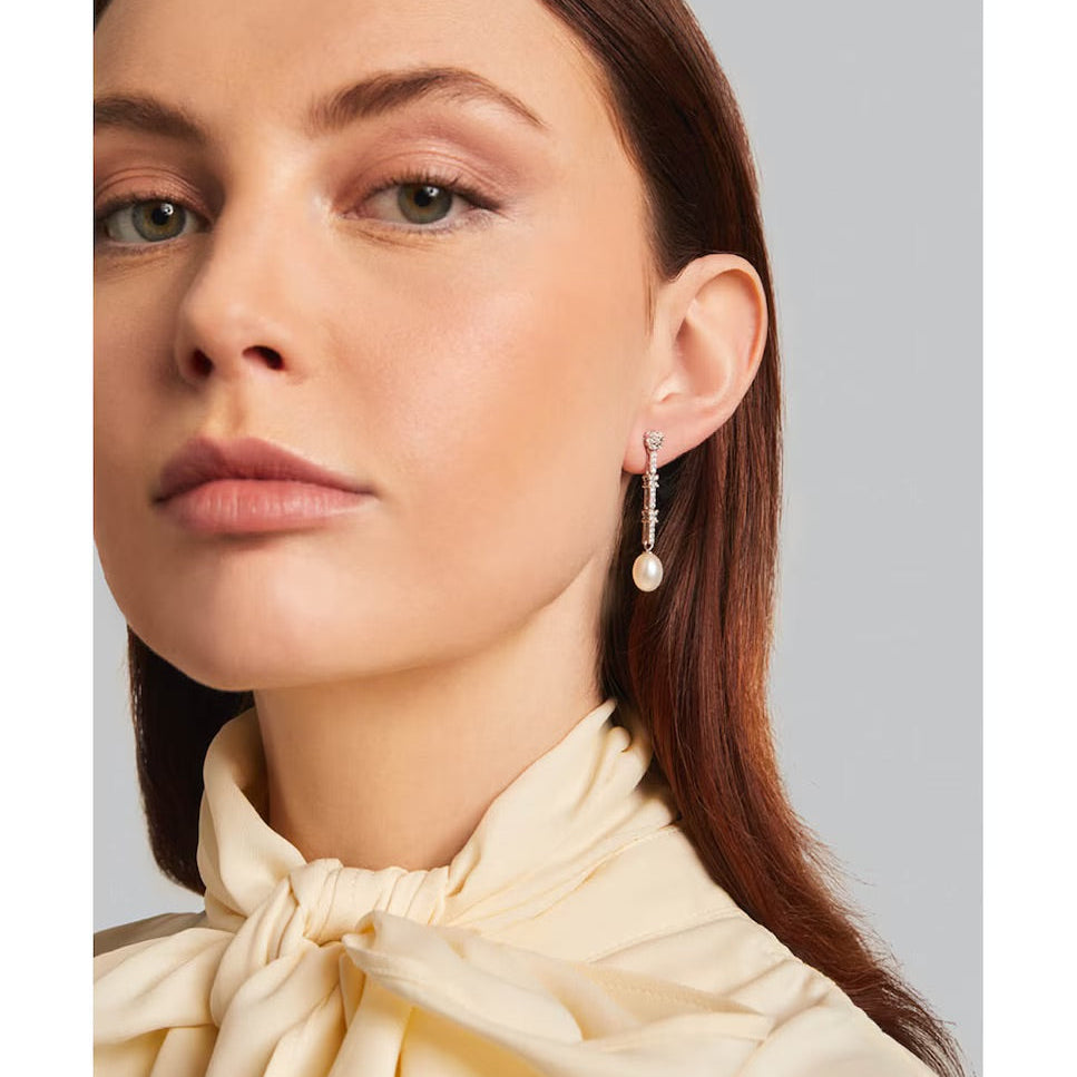 Silver Earrings with Rosette, Pearl, and Bar with Pave Crosses and Zirconias