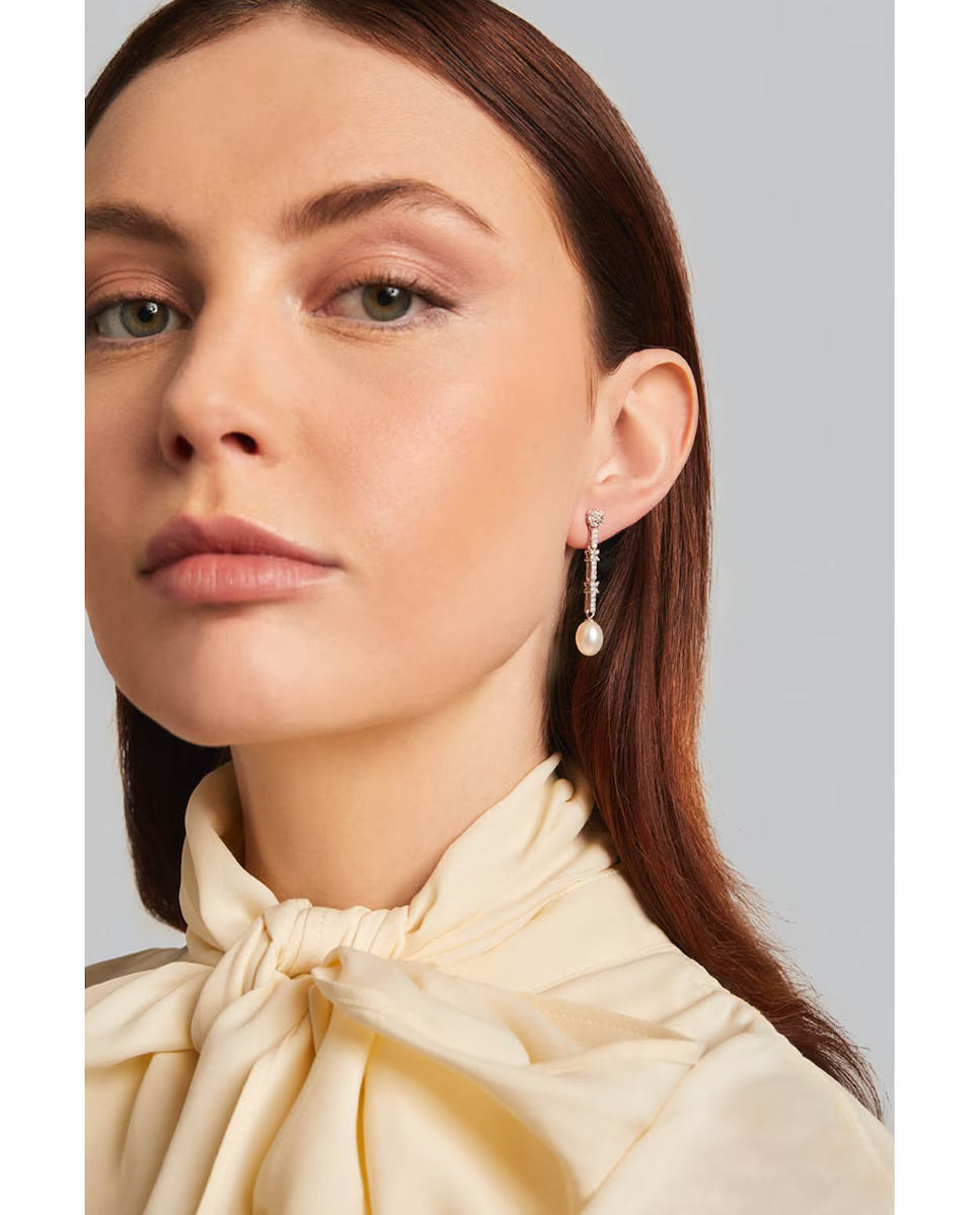 Silver Earrings with Rosette, Pearl, and Bar with Pave Crosses and Zirconias