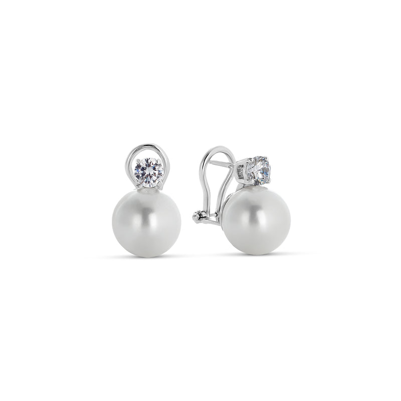 12 mm Shell Pearl and Zirconia Earrings in Silver with Clip Closure