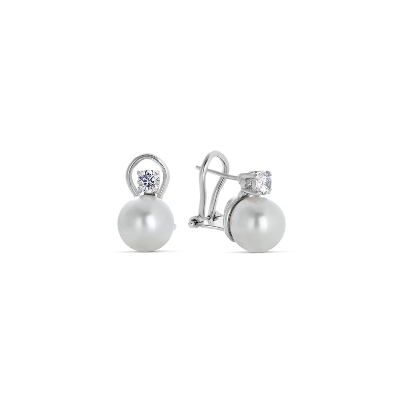 10 mm Shell Pearl and Zirconia Earrings in Silver with Clip Closure