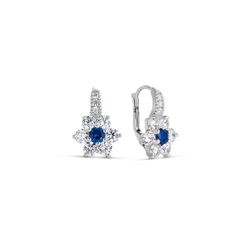 Silver and Zirconia Sapphire Flower Earrings