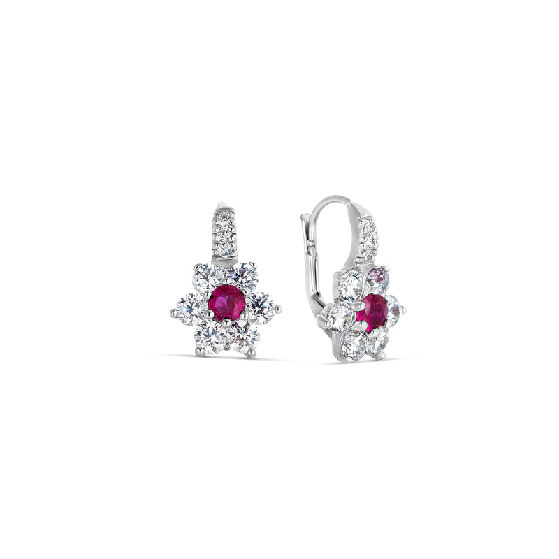 Silver and Zirconia Ruby Flower Earrings