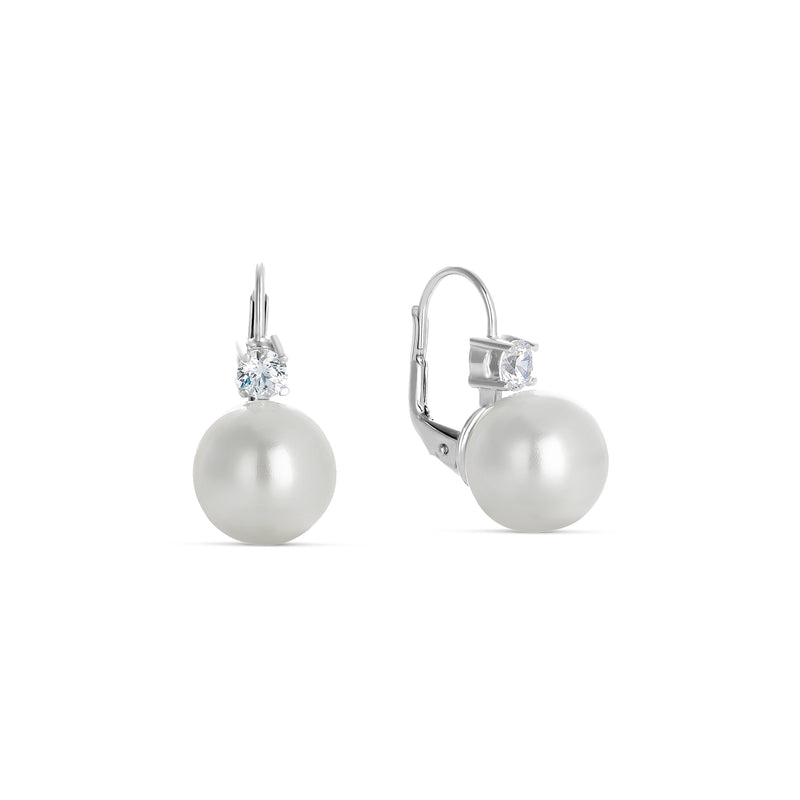 12 mm Shell Pearl Earrings in Silver and Zirconia Omega Clasp