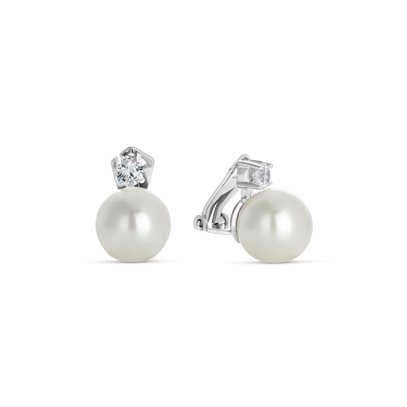 14 mm Shell Pearl and Zirconia Earrings in Silver with Clip Closure