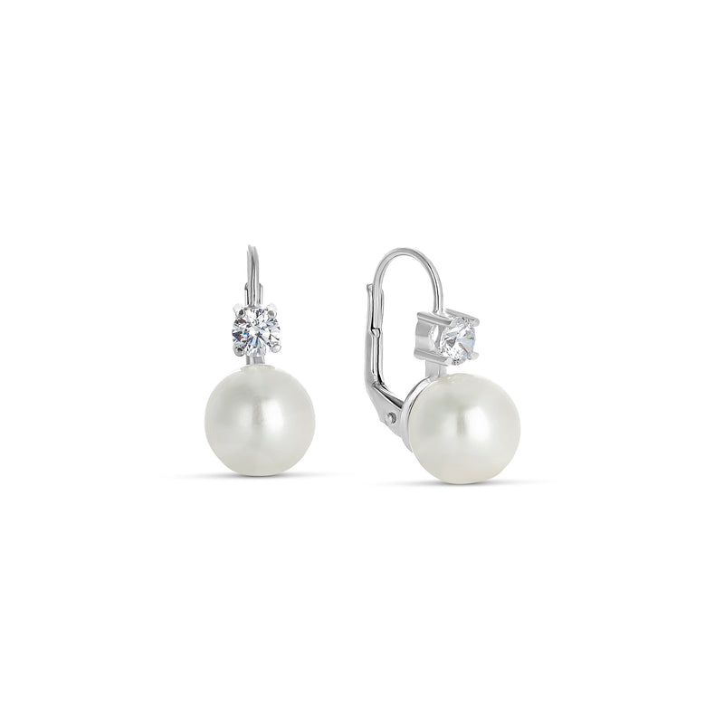 10 mm Shell Pearl Earrings in Silver and Zirconia Omega Clasp