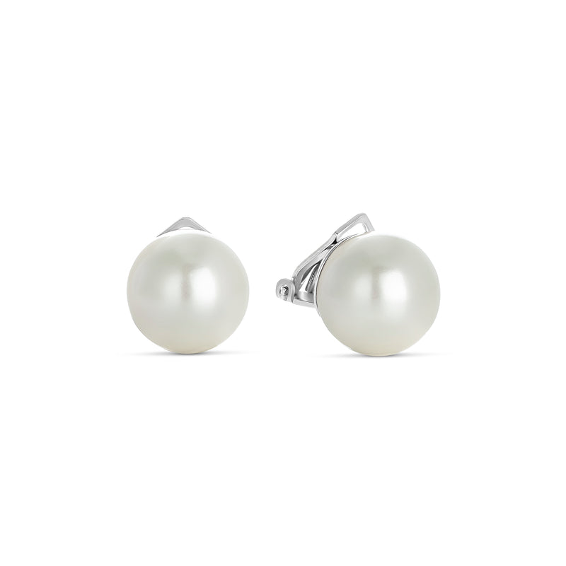 14 mm Shell Pearl Earrings in Silver with Cllp Closure