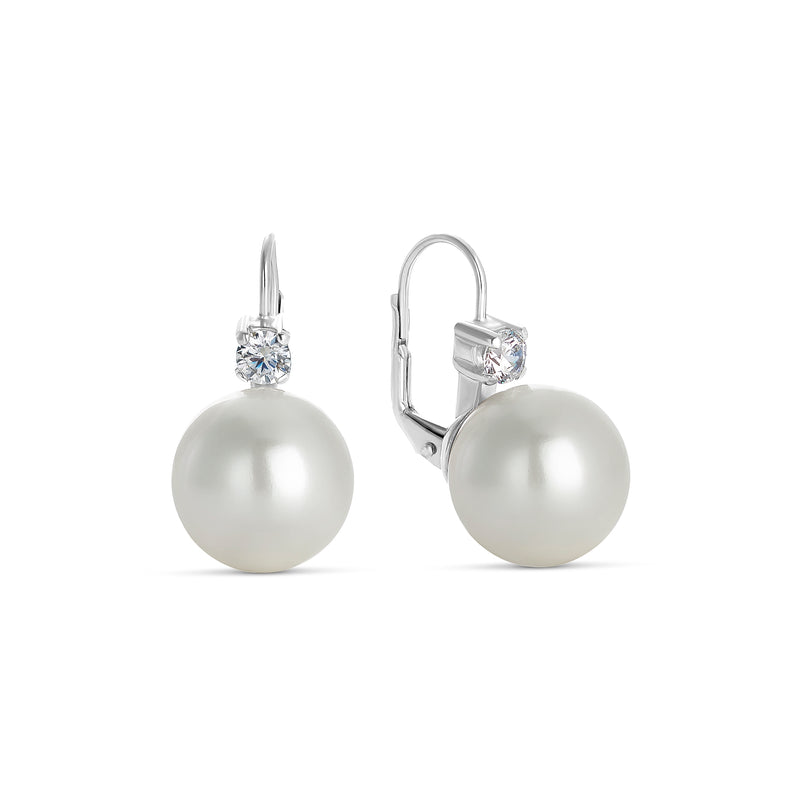 14 mm Shell Pearl Earrings in Silver and Zirconia Omega Clasp
