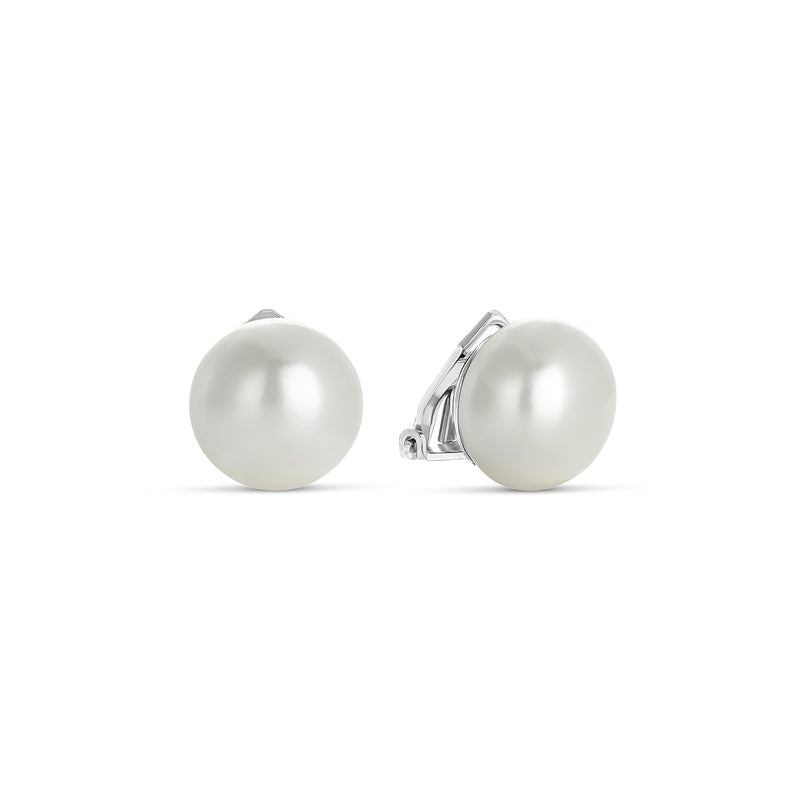 Flattened Shell Pearl Earrings 14 mm in Silver Cllp Closure