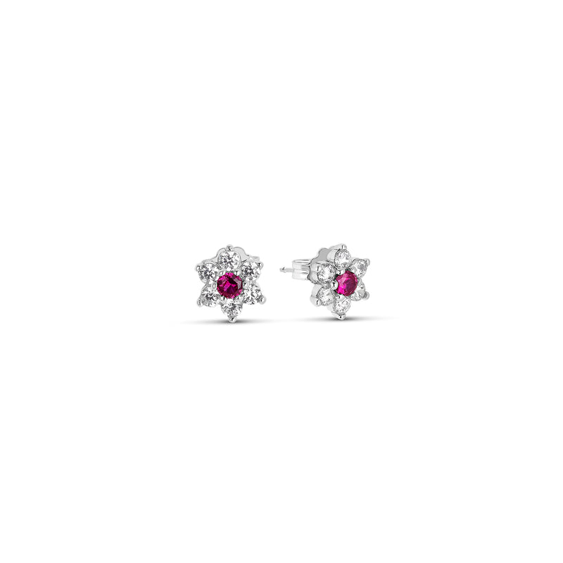 Ruby Round Zirconia Button Silver Earrings