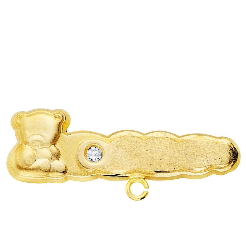 18K Yellow Gold Carved Bear Pin With Zirconia 27X9 mm
